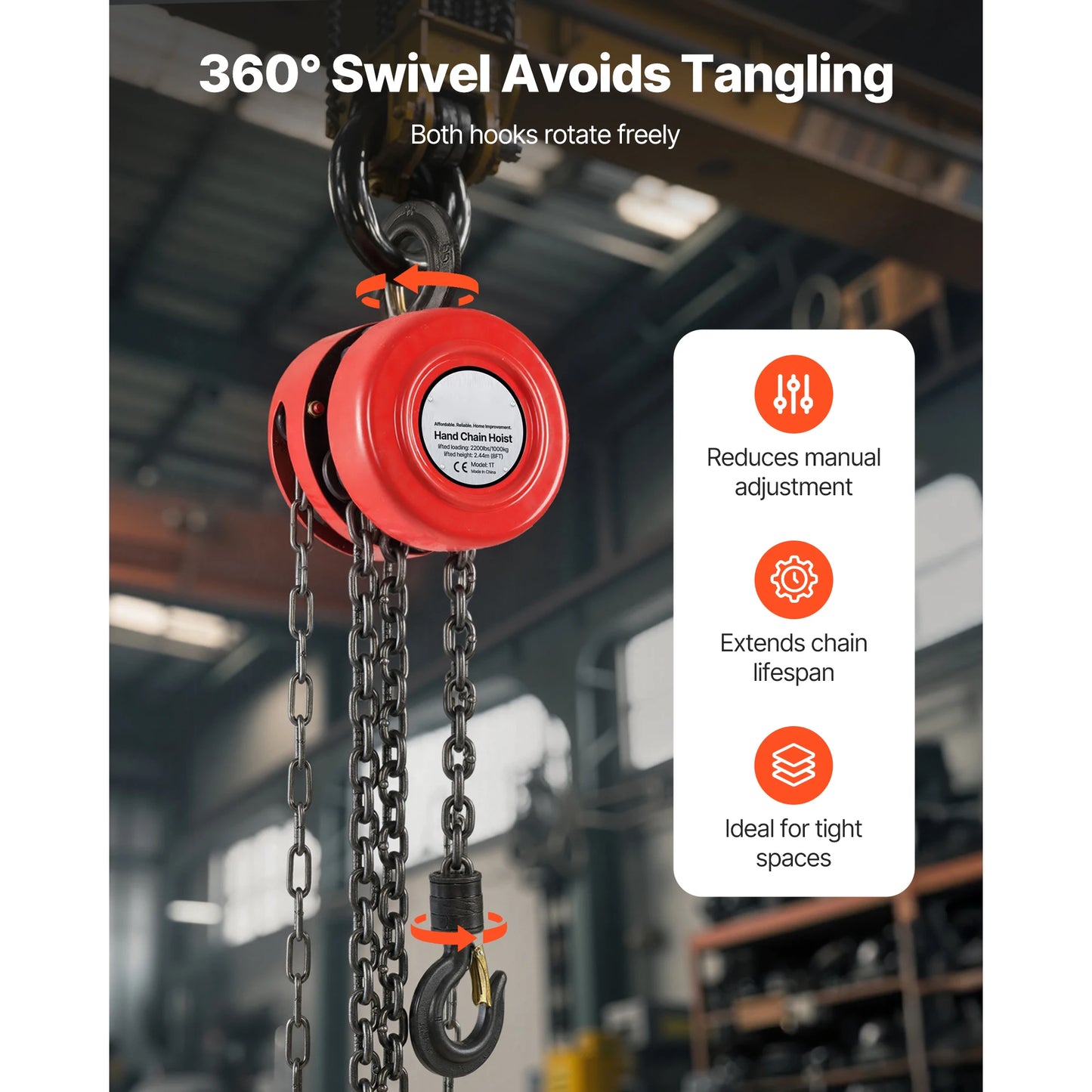 SucceBuy 1T/2T Hand Chain Hoist Manual Chain Block with 8/10/20 ft Lifting Height Pulley Hoist for Garage Warehouse Machinery