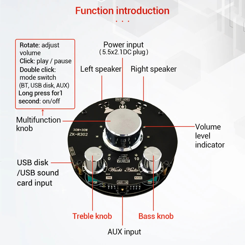 ZK-R302 cool volume indicator bluetooth audio power amplifier board module TPA3118 high and low bass adjustment 30WX2