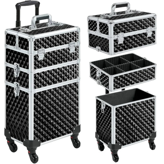 Yah Rolling Makeup Train Case 3 in 1,Large Capacity Cosmetic Organizer with Swivel Wheels for Nail Tech,Black