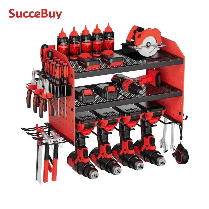 SucceBuy 3-Layer Power Tool Wall Mount Holder Pegboard Wall Storage Tool Set Drill Screwdriver Storage Rack for Workshop/Garage