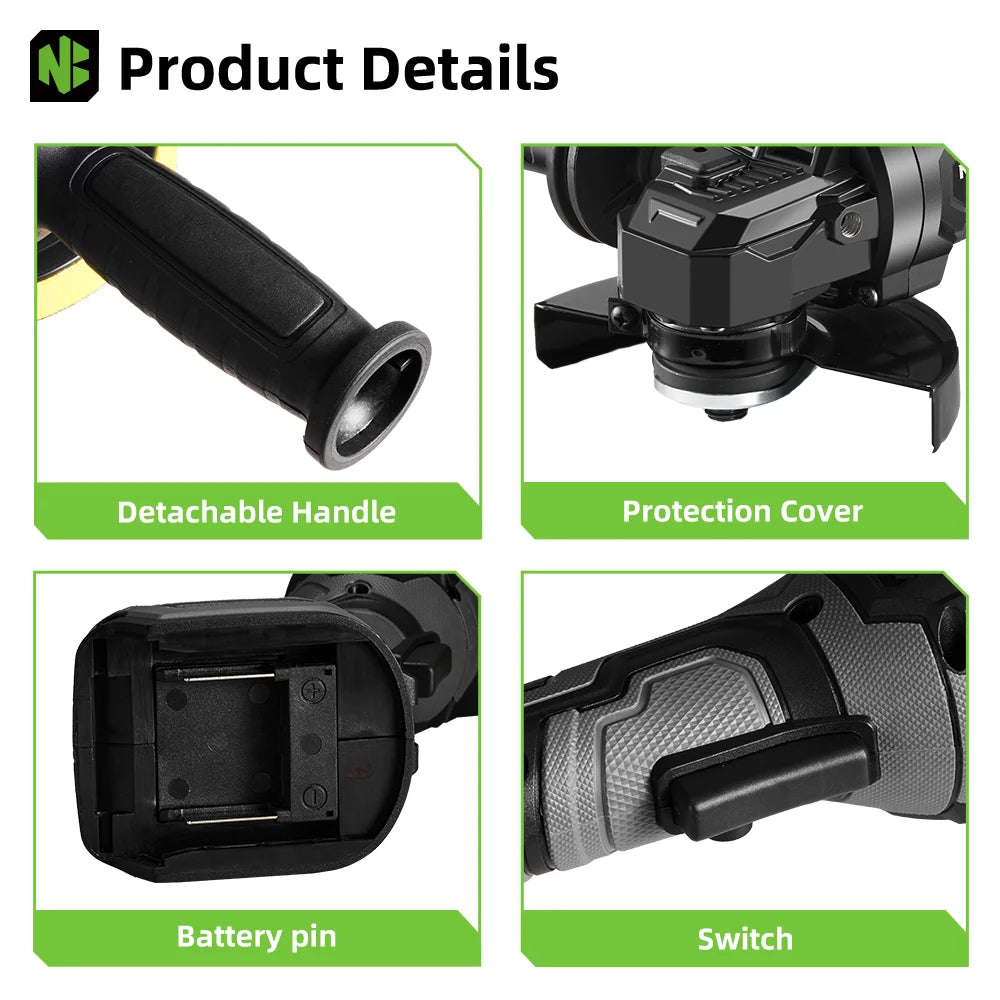 NEWBENY 3 Gears 125mm Brushless Cordless Electric Angle Grinder Woodworking Grinding Polisher Cutter Tool for Makita Battery Pin