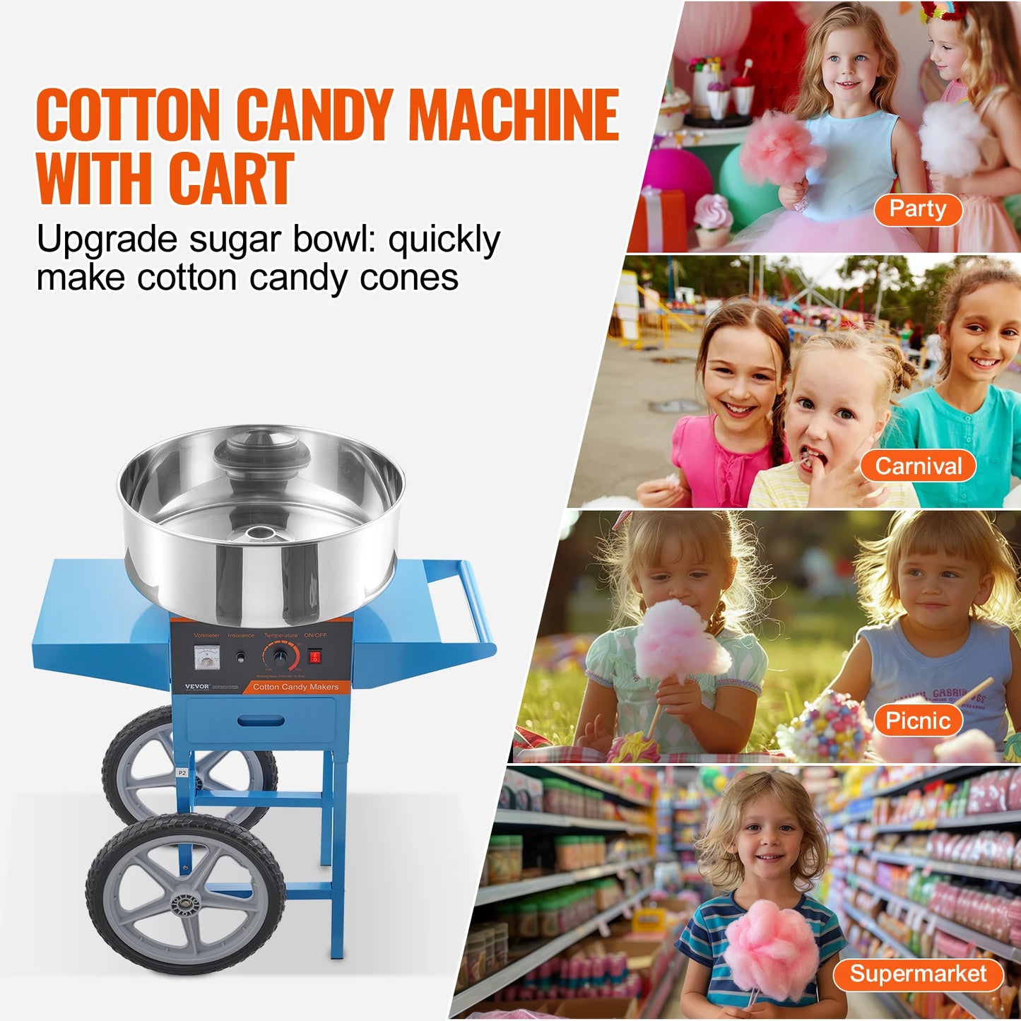 SucceBuy Electric Cotton Candy Machine with Cart Commercial Candy Floss Maker with Stainless Steel Bowl Sugar Scoop and Drawer