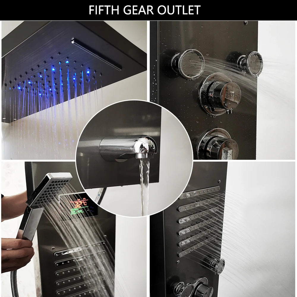 KEMAIDI Black LED Shower Panel Set Bathroom Rainfall Shower Column Set Rain Massage Shower System w/ Body Jets Digital Display