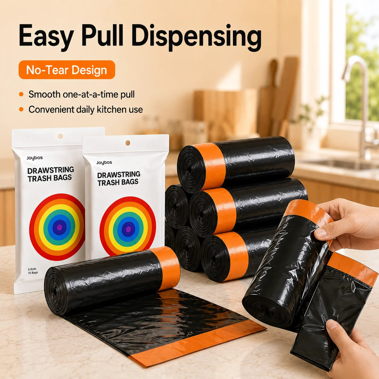 Joybos Easy Pull Drawstring Trash Bags, Thickened PE Kitchen & Bathroom Garbage Bags, 2 Packs 150 Count
