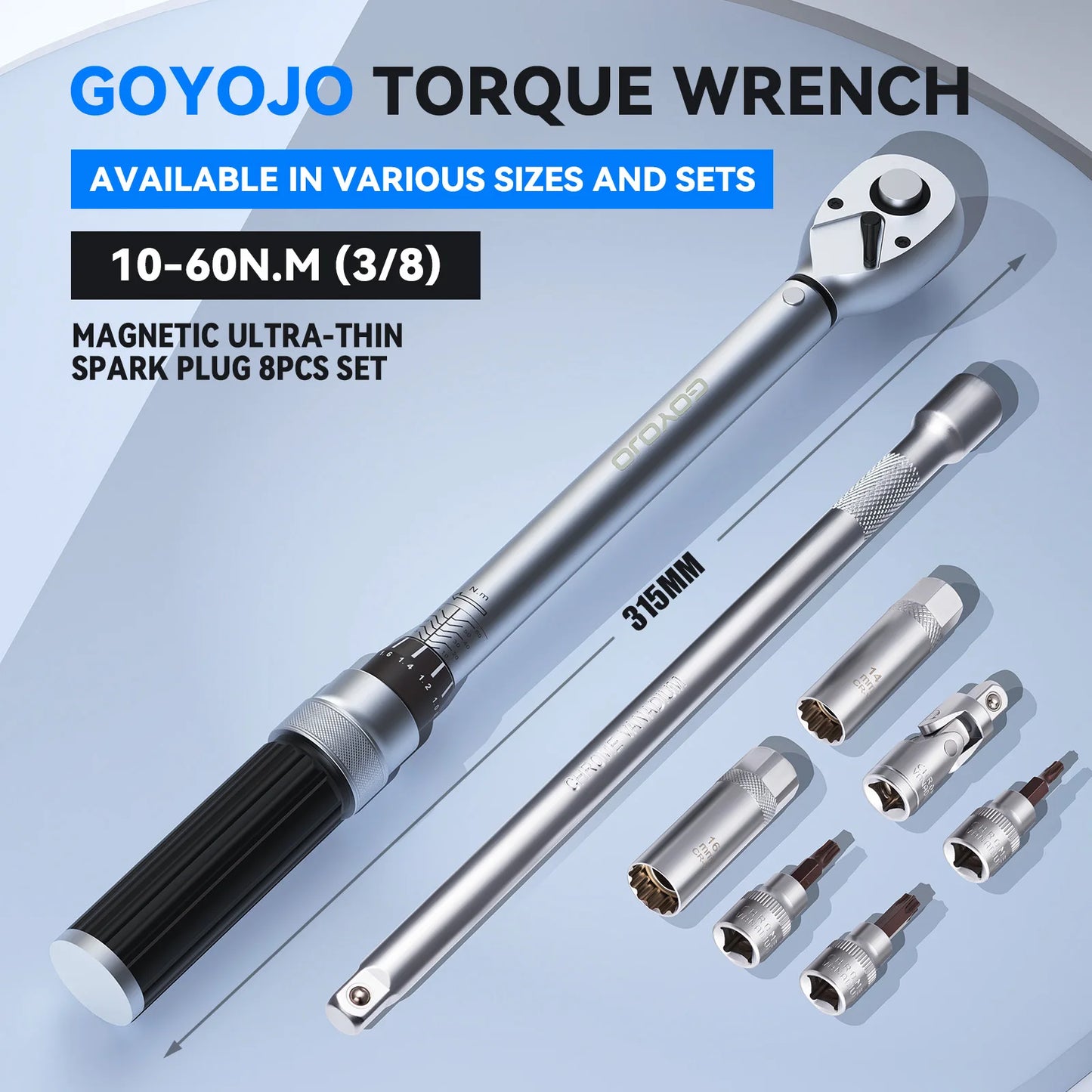 GOYOJO 8-Pcs 3/8" Torque Wrench Kit (10-60Nm) , Ultra-Thin Magnetic Spark Plug Socket Set  Kit for Vehicle Maintenance, Brake & Suspension System Work, Tire Bolt Tightening, Chassis Component, &Engine Repair