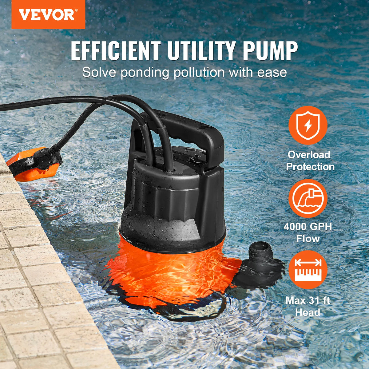 SucceBuy Utility Pump 1HP 4000GPH High Flow 31ft Head Sump Submersible Water Pump with 10ft Long Power Cord for Draining Water