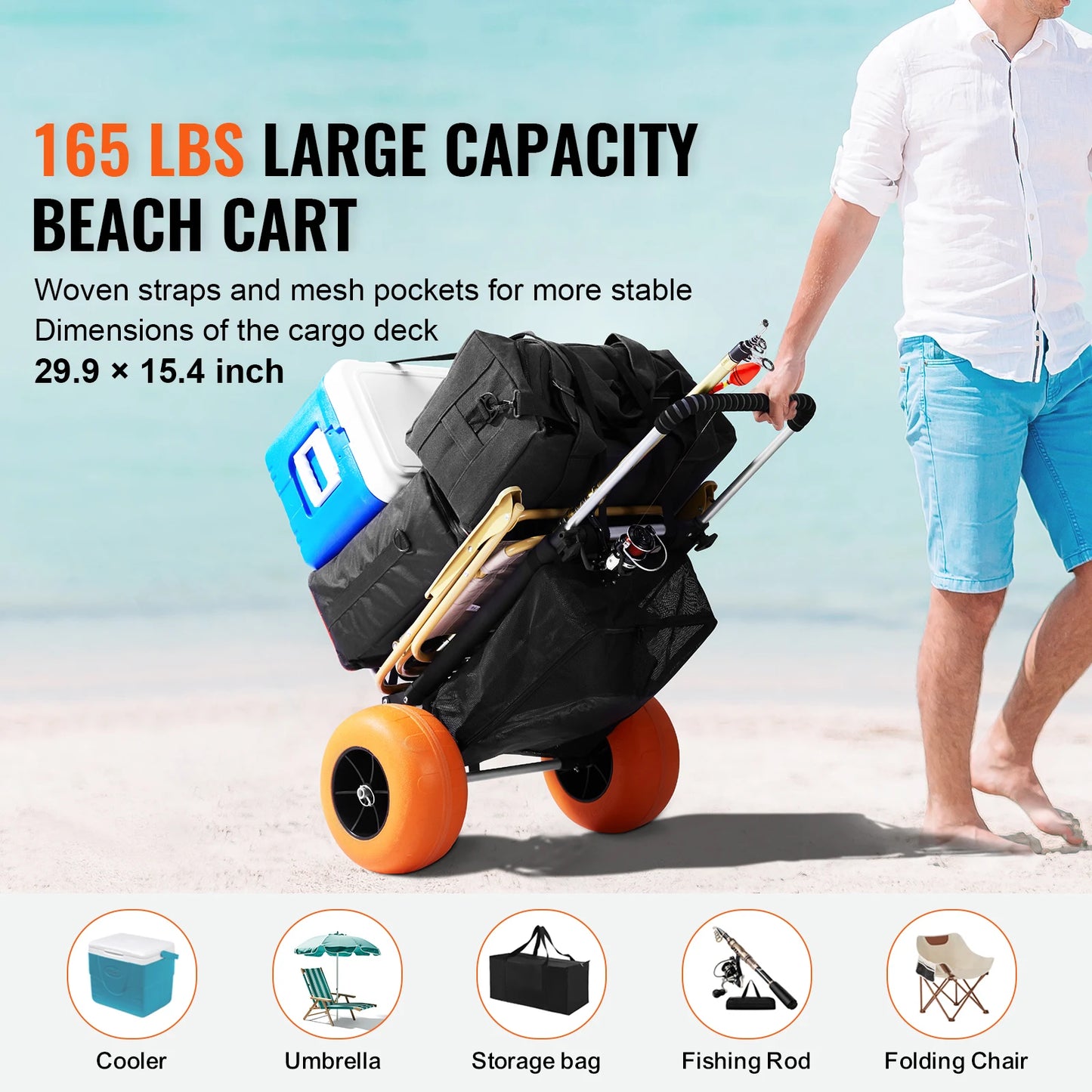 SucceBuy Beach Dolly with Big Wheels for Sand 165LBS Folding Cart with Cargo Deck Solid Wheel Adjustable Height Cart for Beach