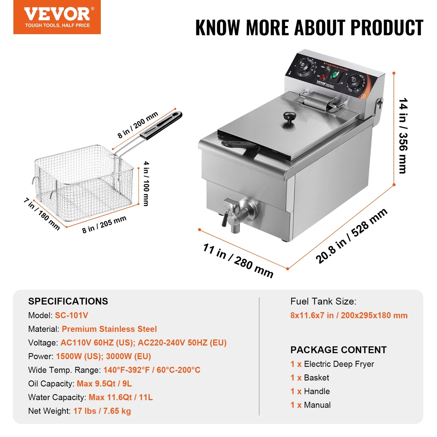 SucceBuy Commercial Deep Fryer Electric Countertop Fryer with Basket 11.6Qt Stainless Steel Single Oil Fryer w/Time&Temp Control