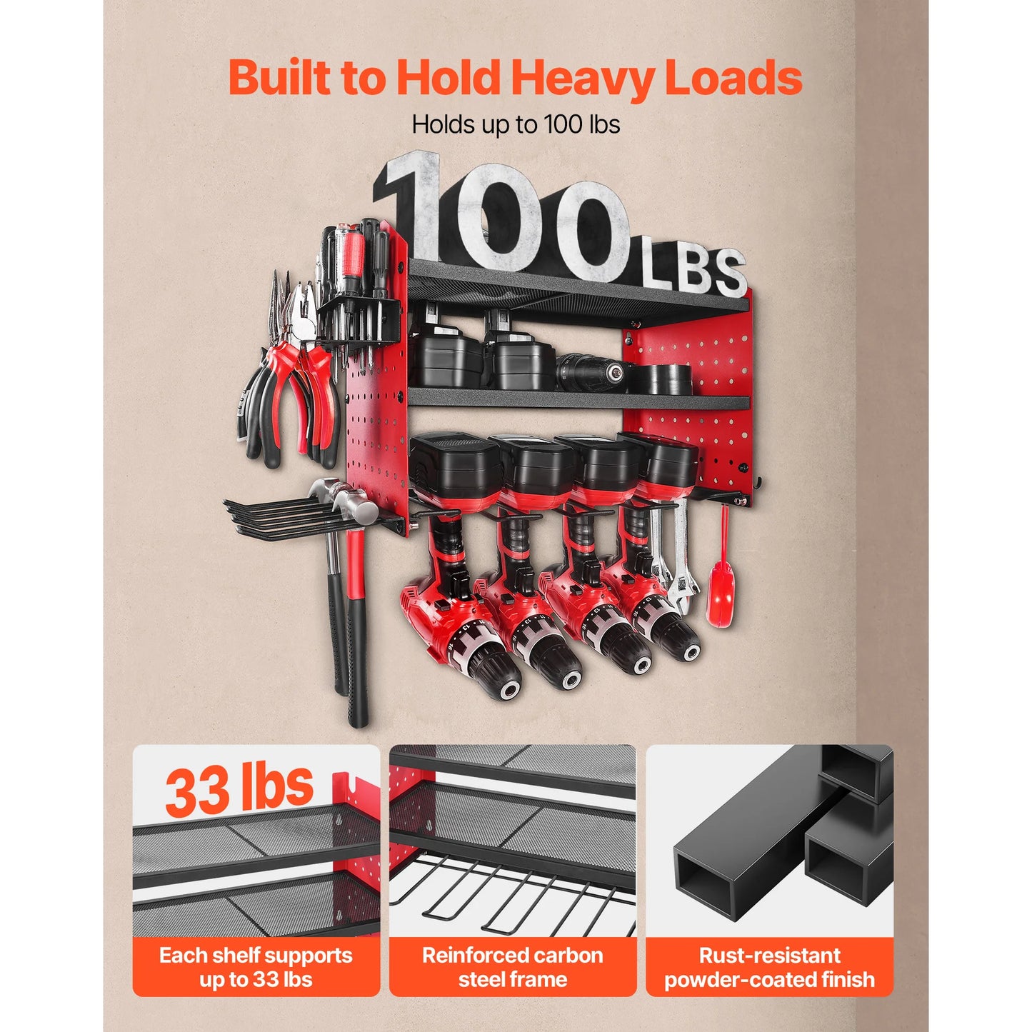SucceBuy 3-Layer Power Tool Wall Mount Holder Pegboard Wall Storage Tool Set Drill Screwdriver Storage Rack for Workshop/Garage
