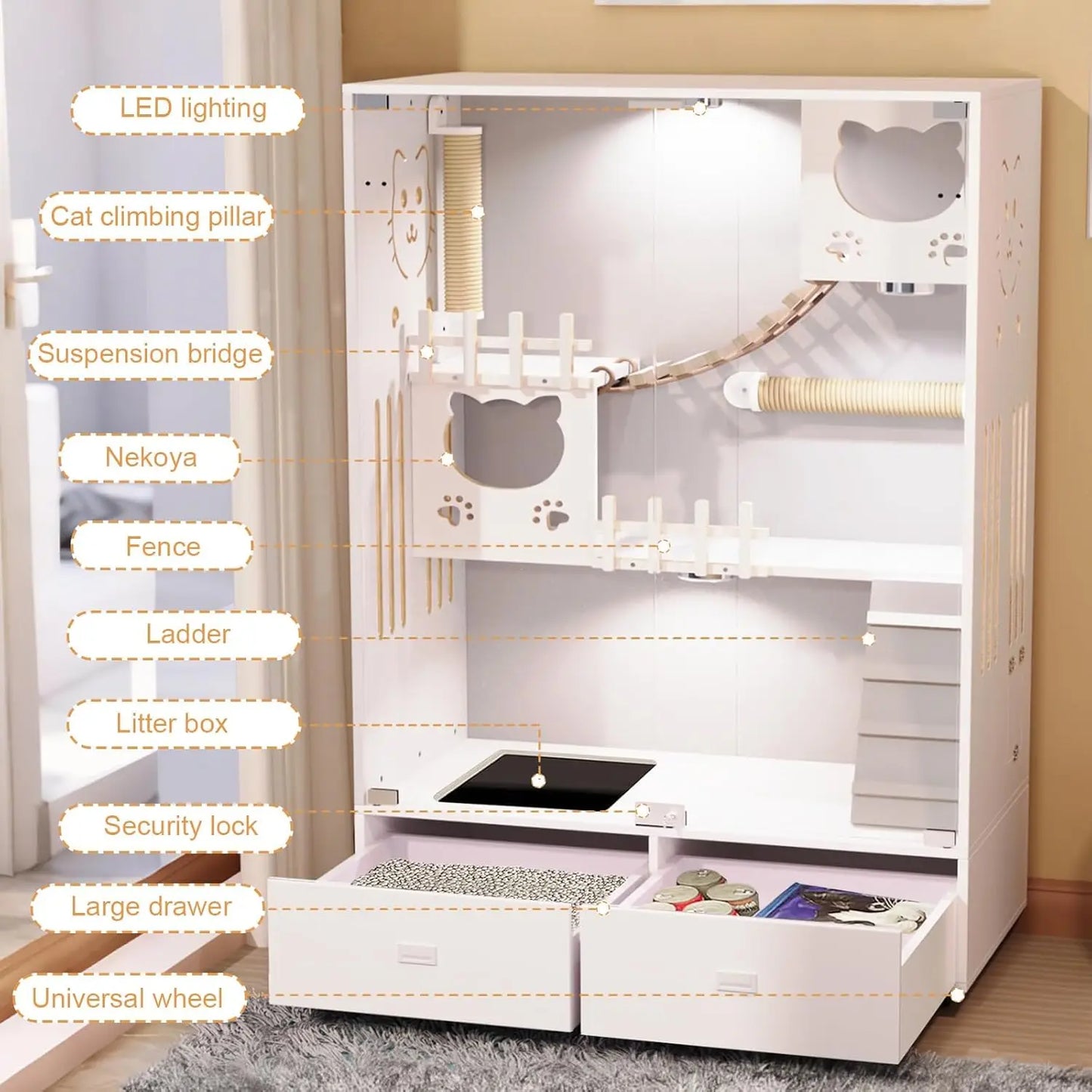 Large Wooden Cat Enclosure Indoor Villa Drawer Wheels Glass Doors 57x36x24 White, Customized