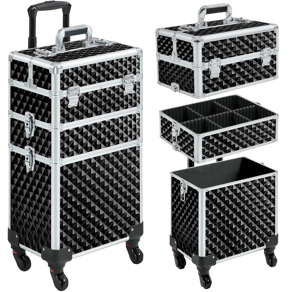 Yah Rolling Makeup Train Case 3 in 1,Large Capacity Cosmetic Organizer with Swivel Wheels for Nail Tech,Black