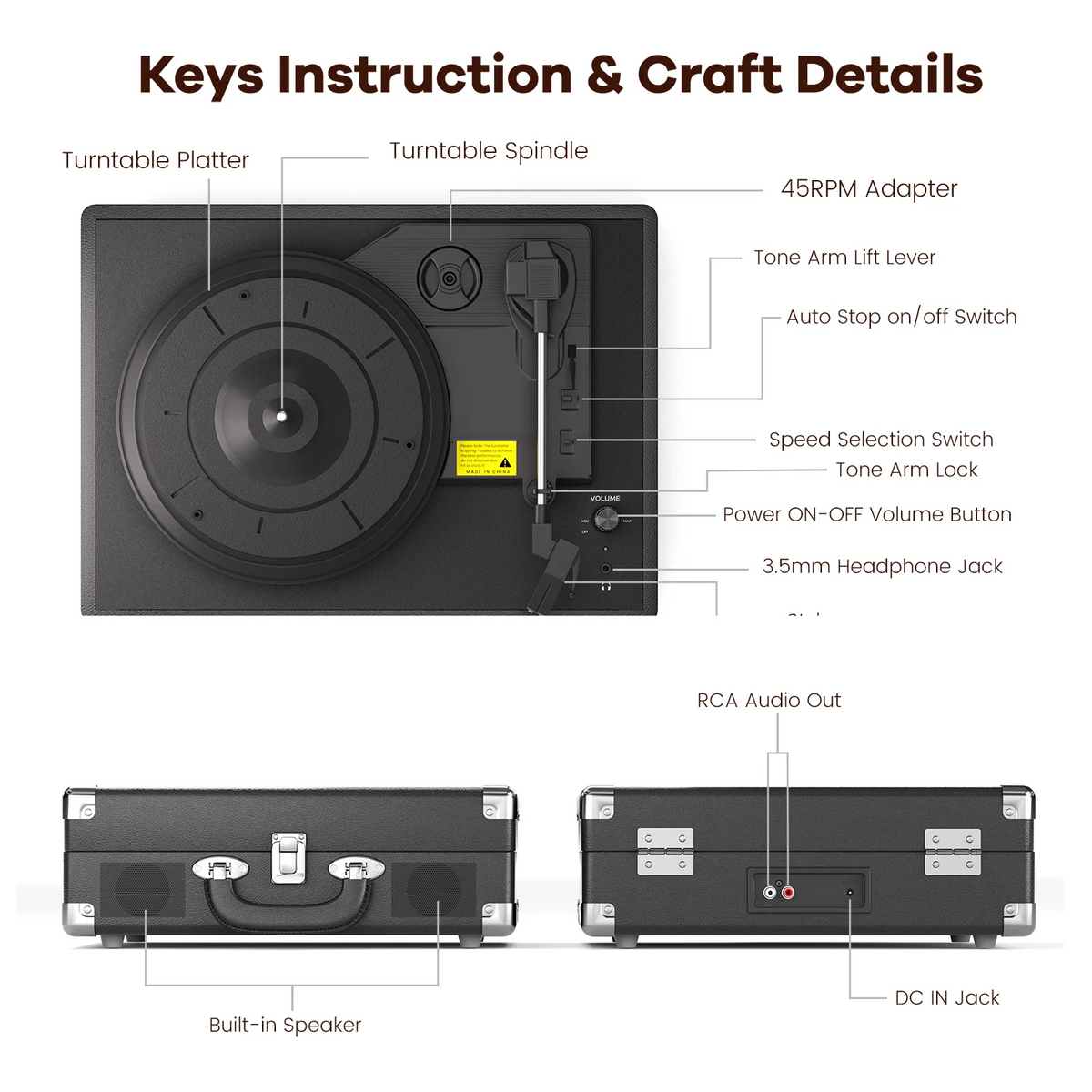 Maio 3-Speed Record Player With Built-in Stereo Speakers