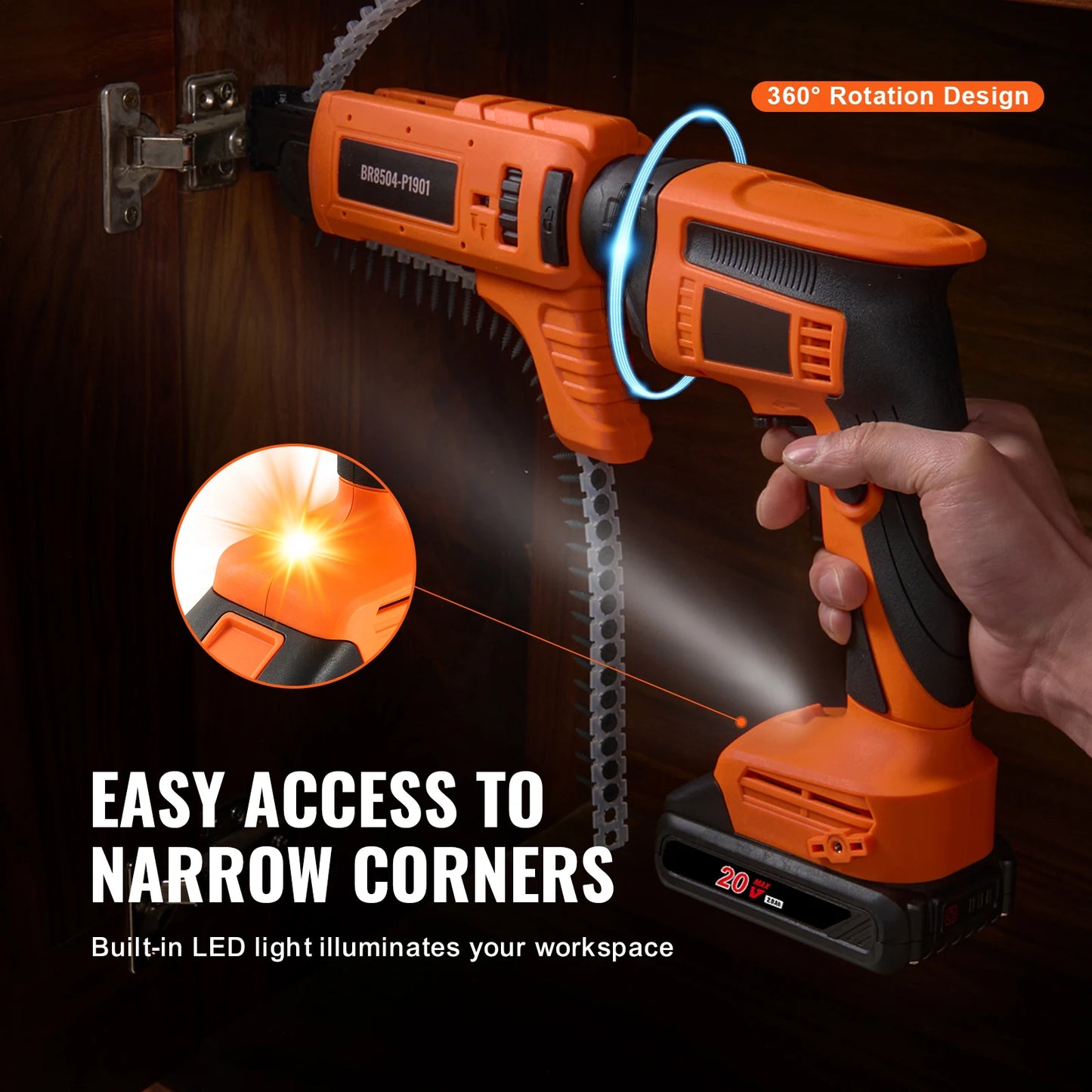 SucceBuy Drywall Screw Gun 20V Max Drywall Screwgun 4200RPM Brushles Cordless Drywall Kit Reverse Adjustable Built-in LED Light
