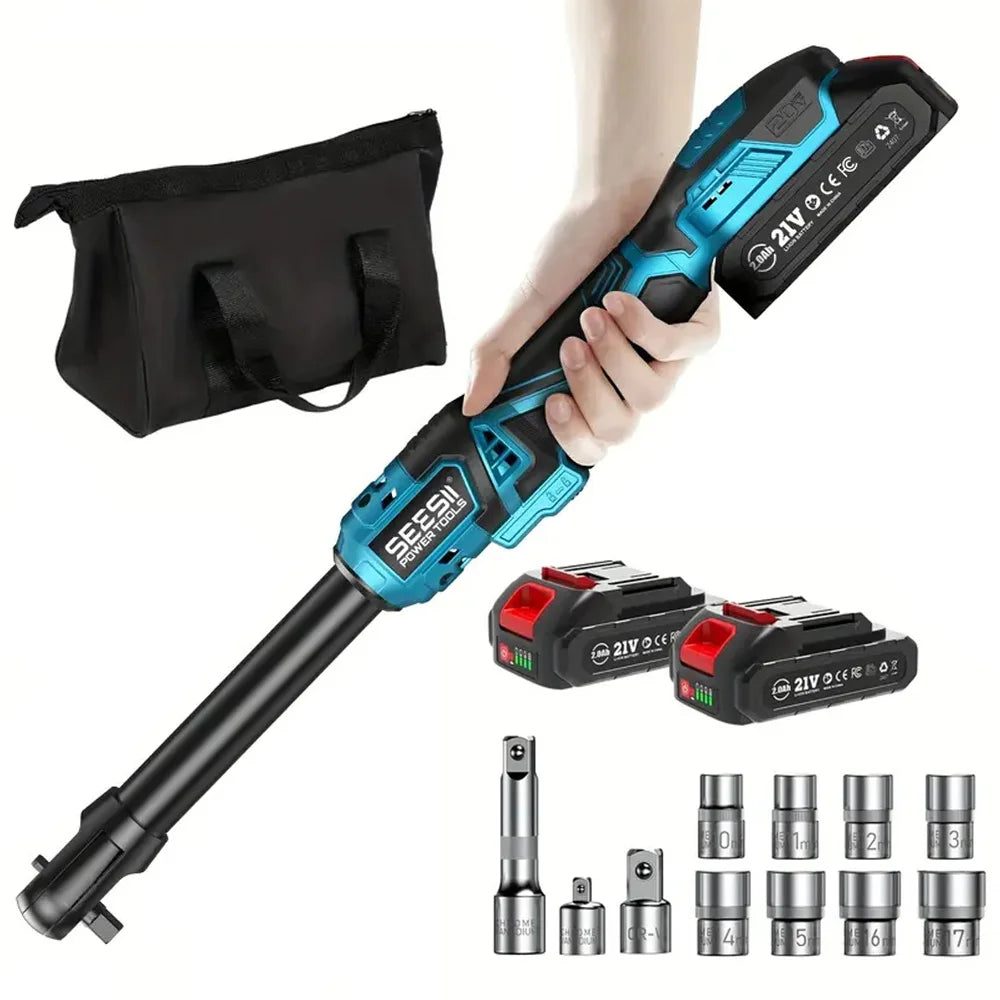 Seesii 3/8'' 80Nm Cordless Electric Wrench 6'' Extended Ratchet Wrench Electric Angle Wrench Driver Auto Repair Tools Set 12V