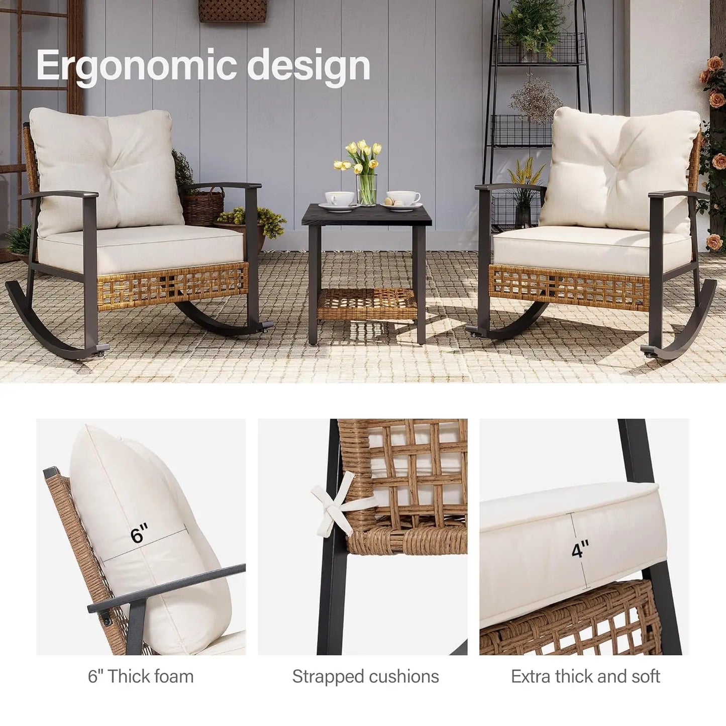 3-Piece Rocking Bistro Set, Outdoor Patio Furniture with Thick Cushions and 2-Tier Coffee Table, Oversize Rattan, Customized