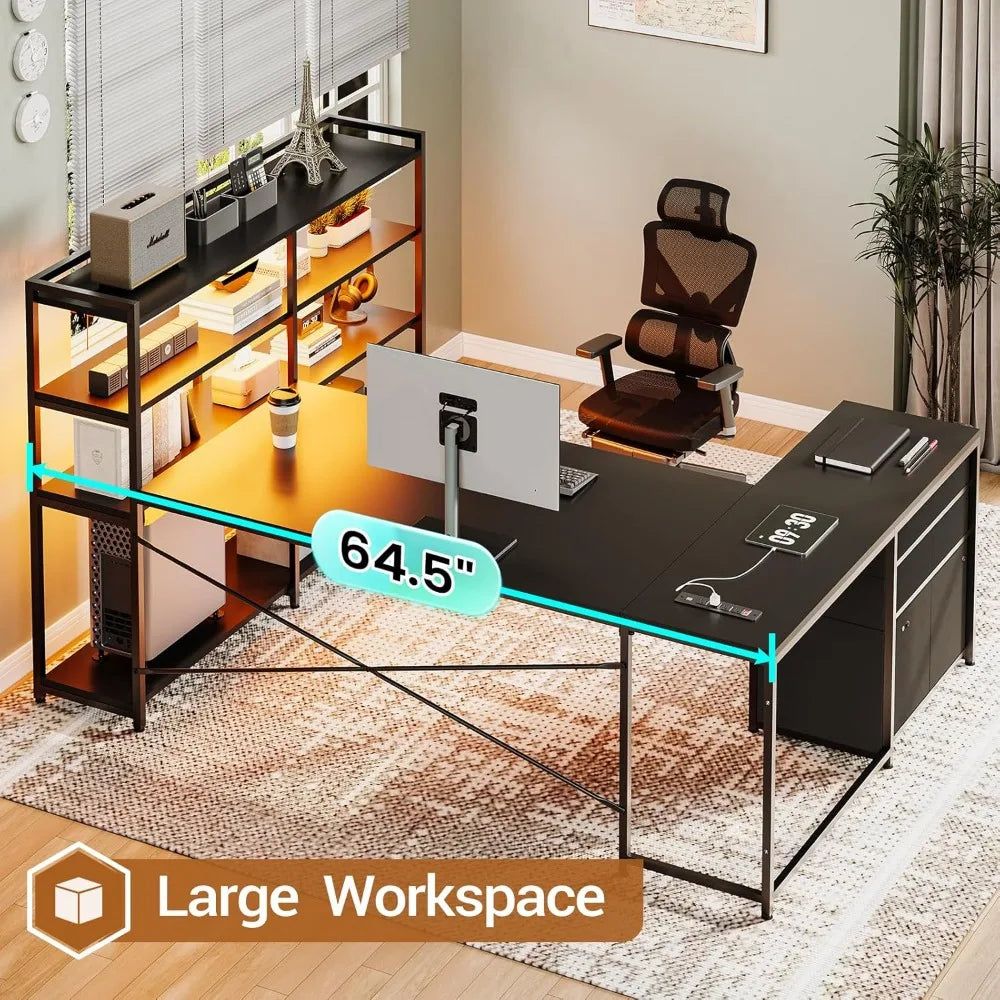 L Shaped Gaming Desk, Reversible U Shaped Computer Desk with Power Outlet and Storage Shelves, Corner Gaming Desk, Customized