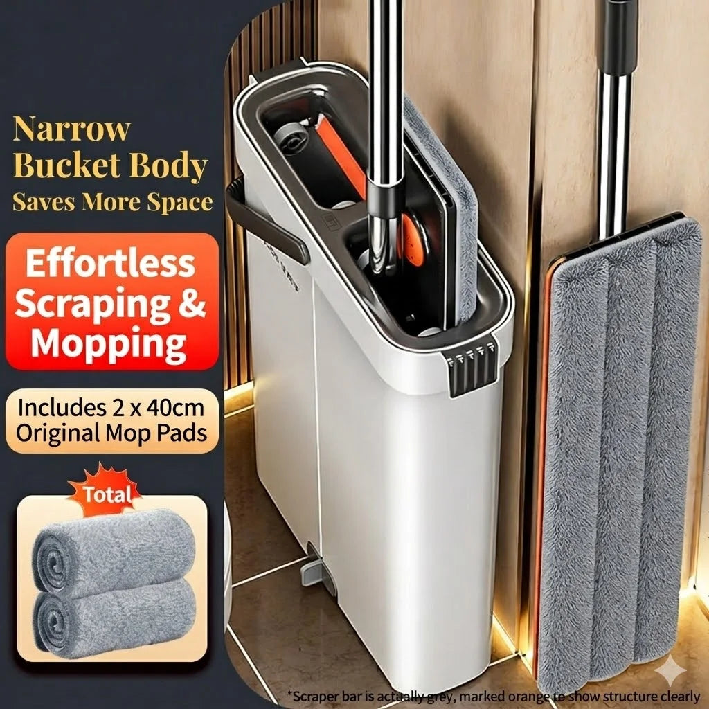 Joybos Space-Saving Slim Mop Bucket Set (Only 5.3" Wide), Self-Wringing Flat Mop with Built-in Hair Scraper & Anti-Tipping Suction Base, Includes 2 Washable Pads