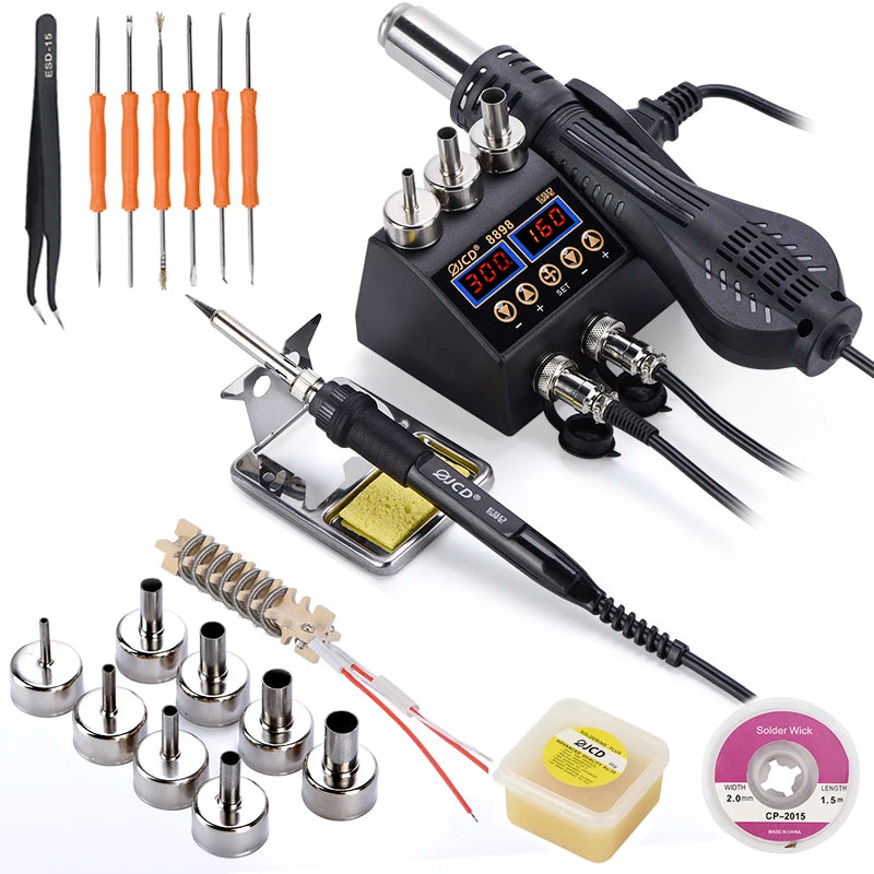 2 in 1 750W Hot Air Gun LCD Digital Display Welding Rework Station for Cell-phone BGA SMD IC Repair Soldering Iron Station 8898