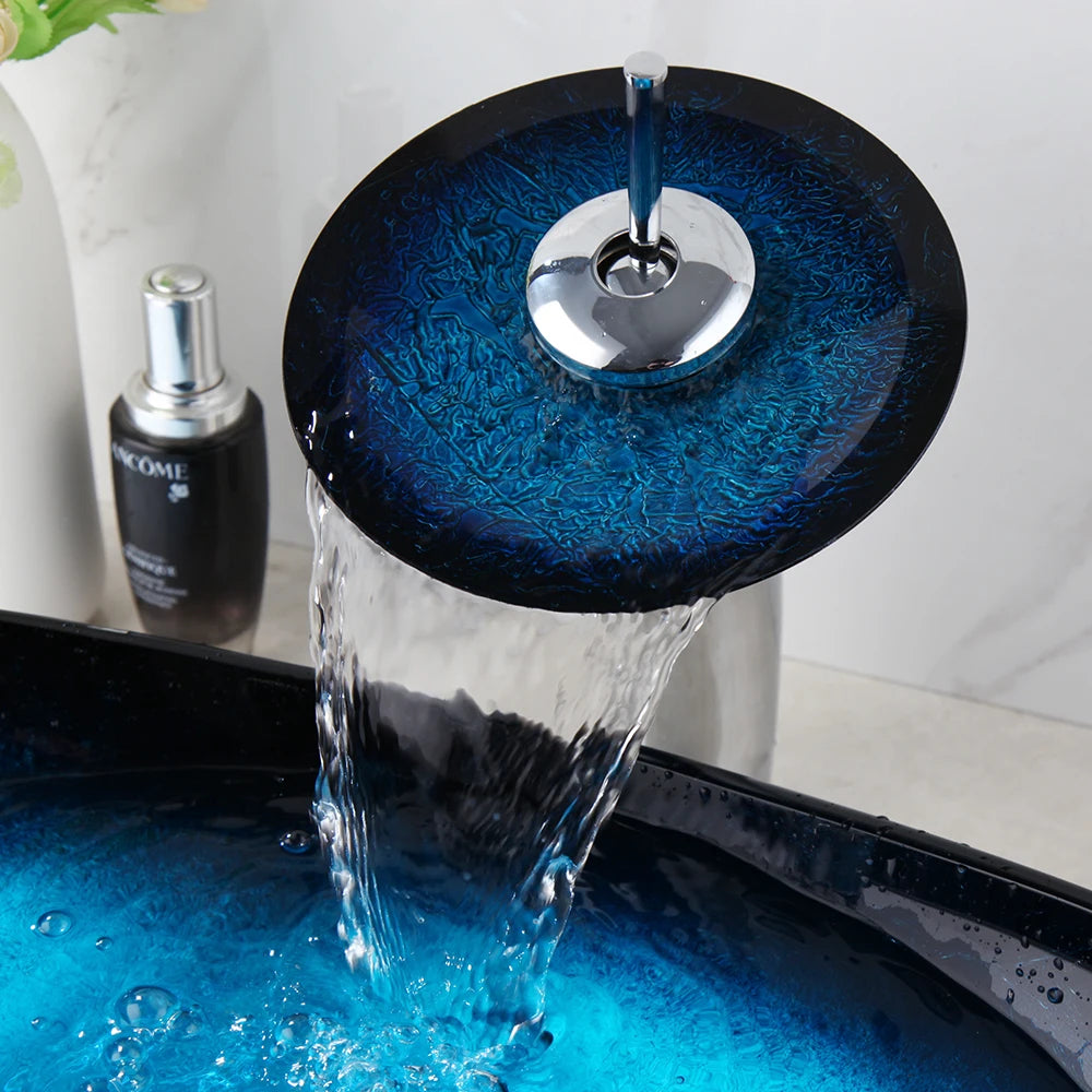 KEMAIDI Bathroom Sink Countertop Basin Bowl with Faucet Washroom Vessel Vanity Sinks Tempered Glass Basin Washbasin Faucet Set