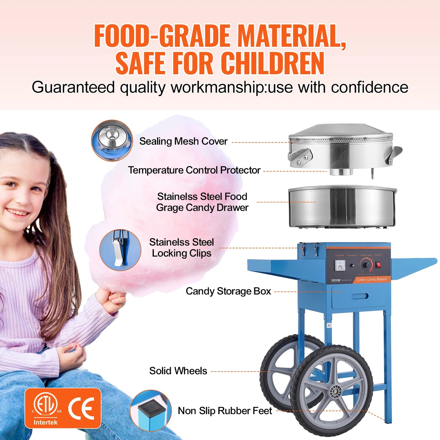 SucceBuy Electric Cotton Candy Machine with Cart Commercial Candy Floss Maker with Stainless Steel Bowl Sugar Scoop and Drawer