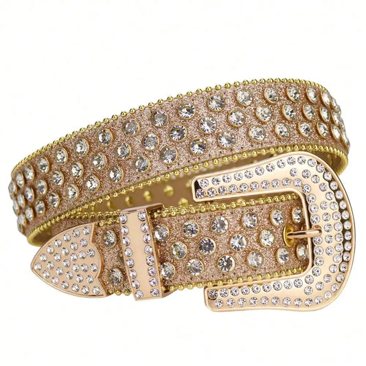 Golden Rhinestone Belt For Men Western Cowboy Cowgirl Bling Bling Crystal Studded Designer Leather Diamond Waist Belt