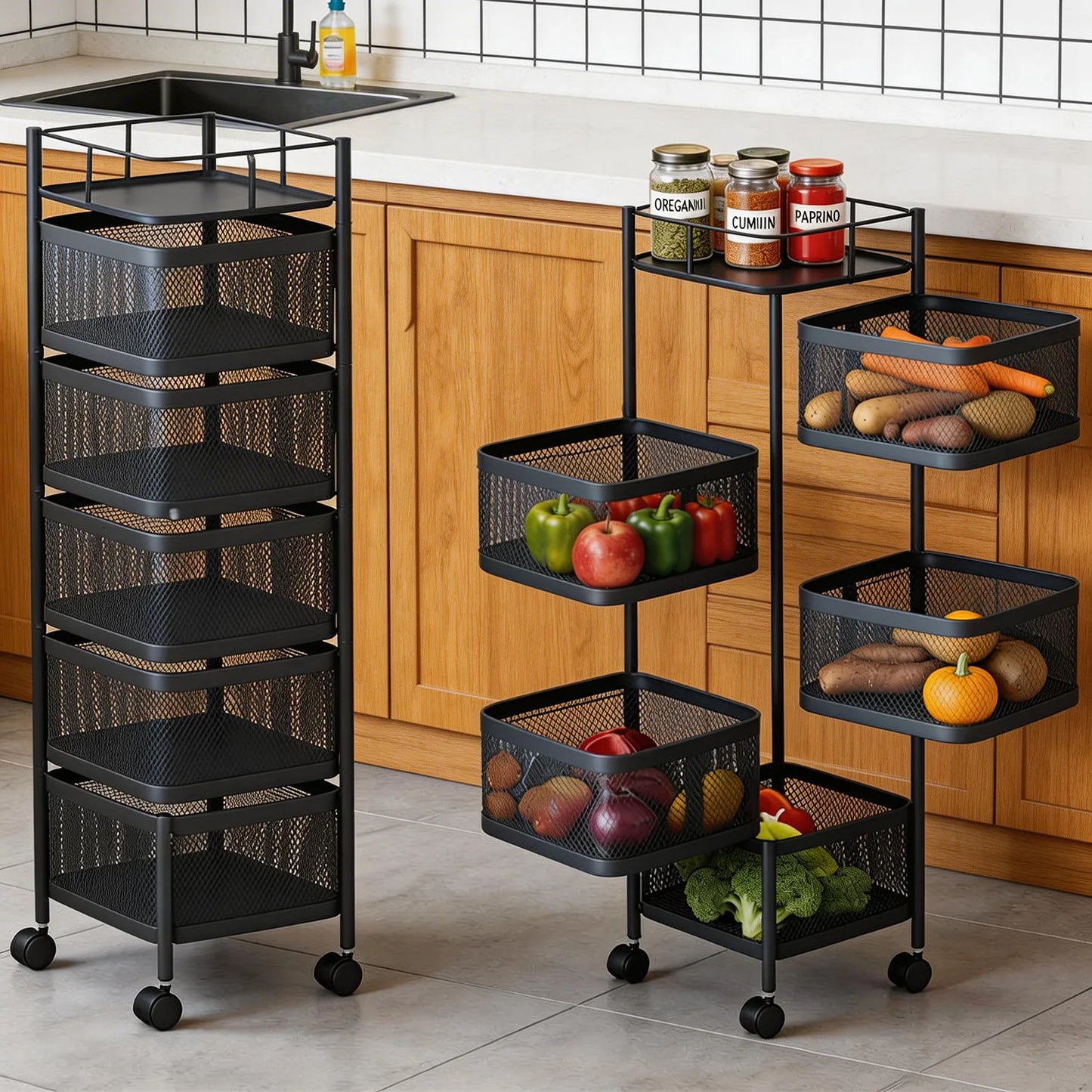 5-Tier Rolling Storage Cart with Rotating Baskets, Fruit & Vegetable Baskets Rotating Snack Rack for Kitchen Bathroom Craft Room