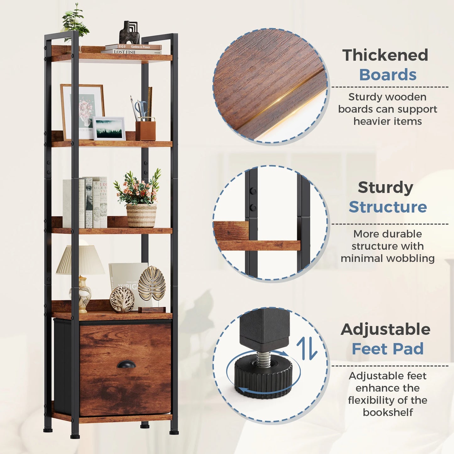 JHK Wood 5 Tier Bookshelf with 1 Fabric Drawer Multi-Functional Display Standing Shelf for Books Movies and Storage Organizer