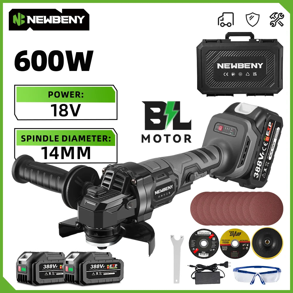 NEWBENY 3 Gears 125mm Brushless Cordless Electric Angle Grinder Woodworking Grinding Polisher Cutter Tool for Makita Battery Pin