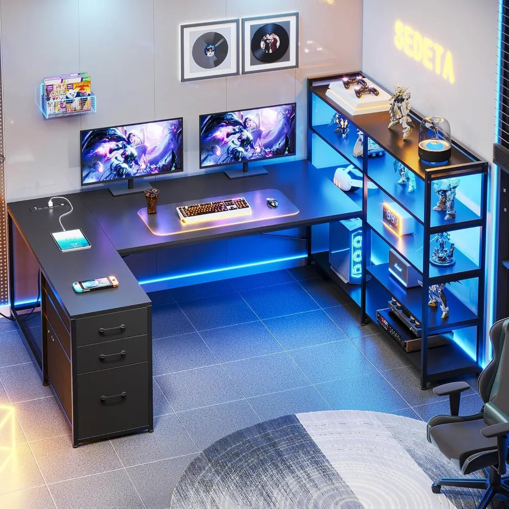 L Shaped Gaming Desk, Reversible U Shaped Computer Desk with Power Outlet and Storage Shelves, Corner Gaming Desk, Customized