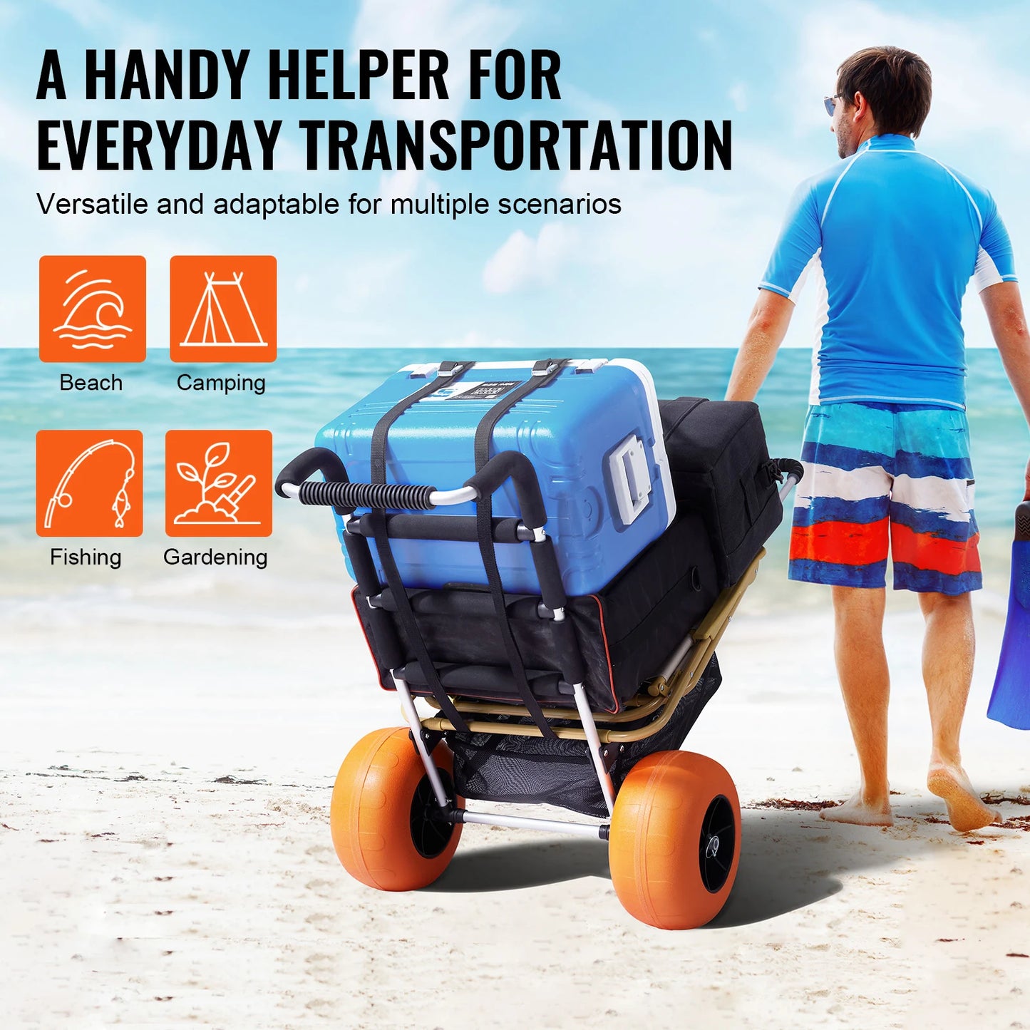 SucceBuy Beach Dolly with Big Wheels for Sand 165LBS Folding Cart with Cargo Deck Solid Wheel Adjustable Height Cart for Beach
