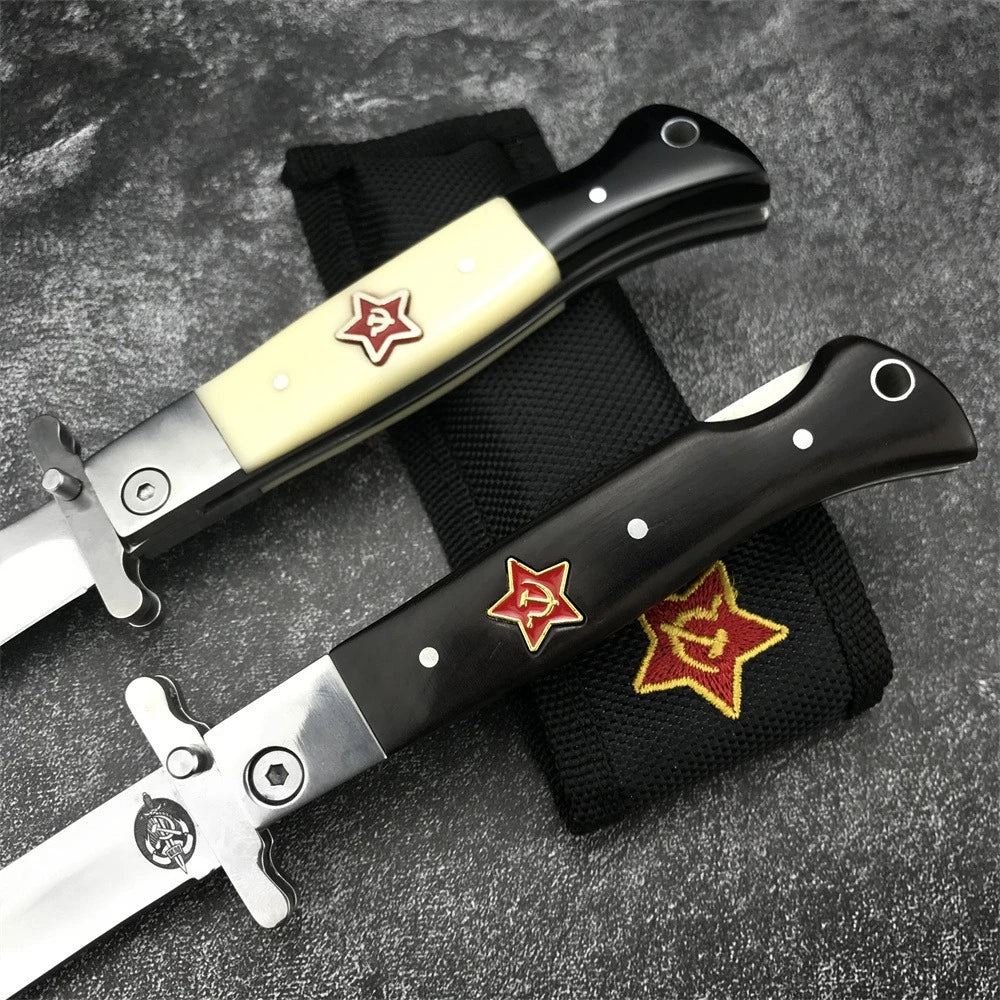 NKVD Tactical Folding Knife, Water Drop Mirror Blade, Beige Resin/Black Ebony Handle, with Nylon Sheath Outdoor Hunting EDC Tool