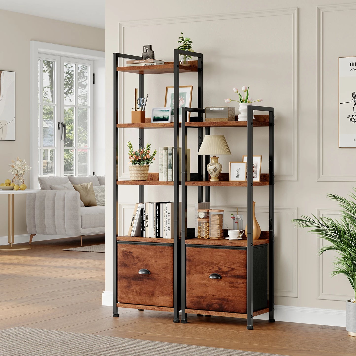 JHK Wood 5 Tier Bookshelf with 1 Fabric Drawer Multi-Functional Display Standing Shelf for Books Movies and Storage Organizer