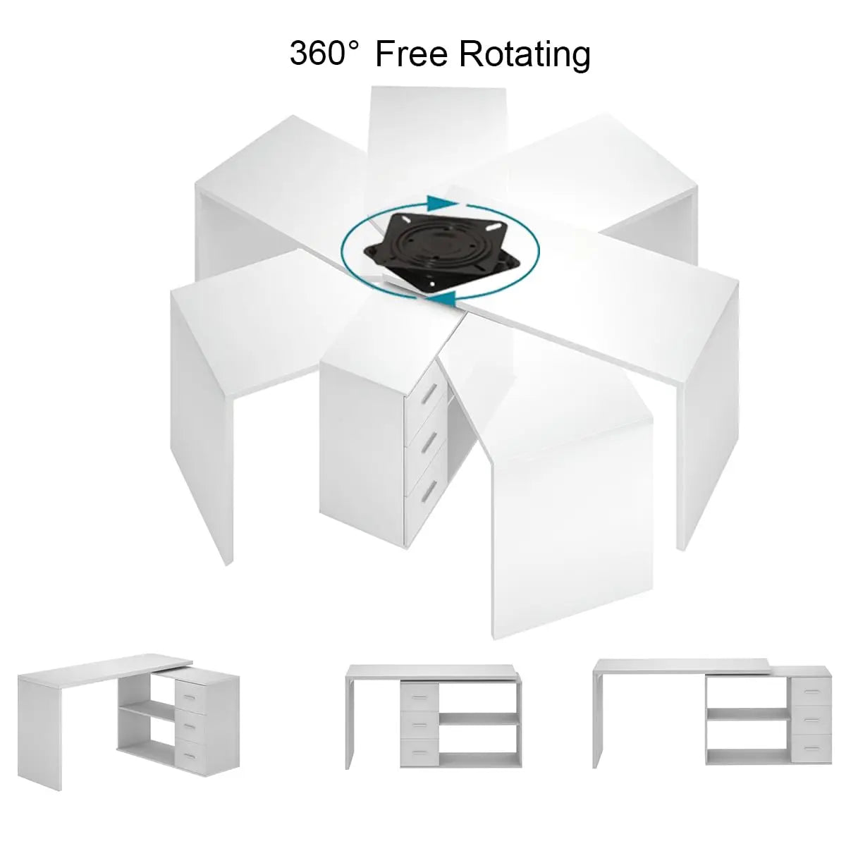 White L Shaped Desk with Drawers Shelves, 360 Rotating Office Computer Desk with Storage Cabinet, Corner Home, Customized
