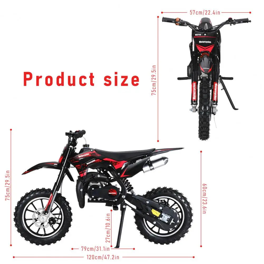 (Maximum load 330lb)Mini 49CC two-stroke gasoline motorcycle, anti-skid tires, front and rear wheel brakes, shock absorbers