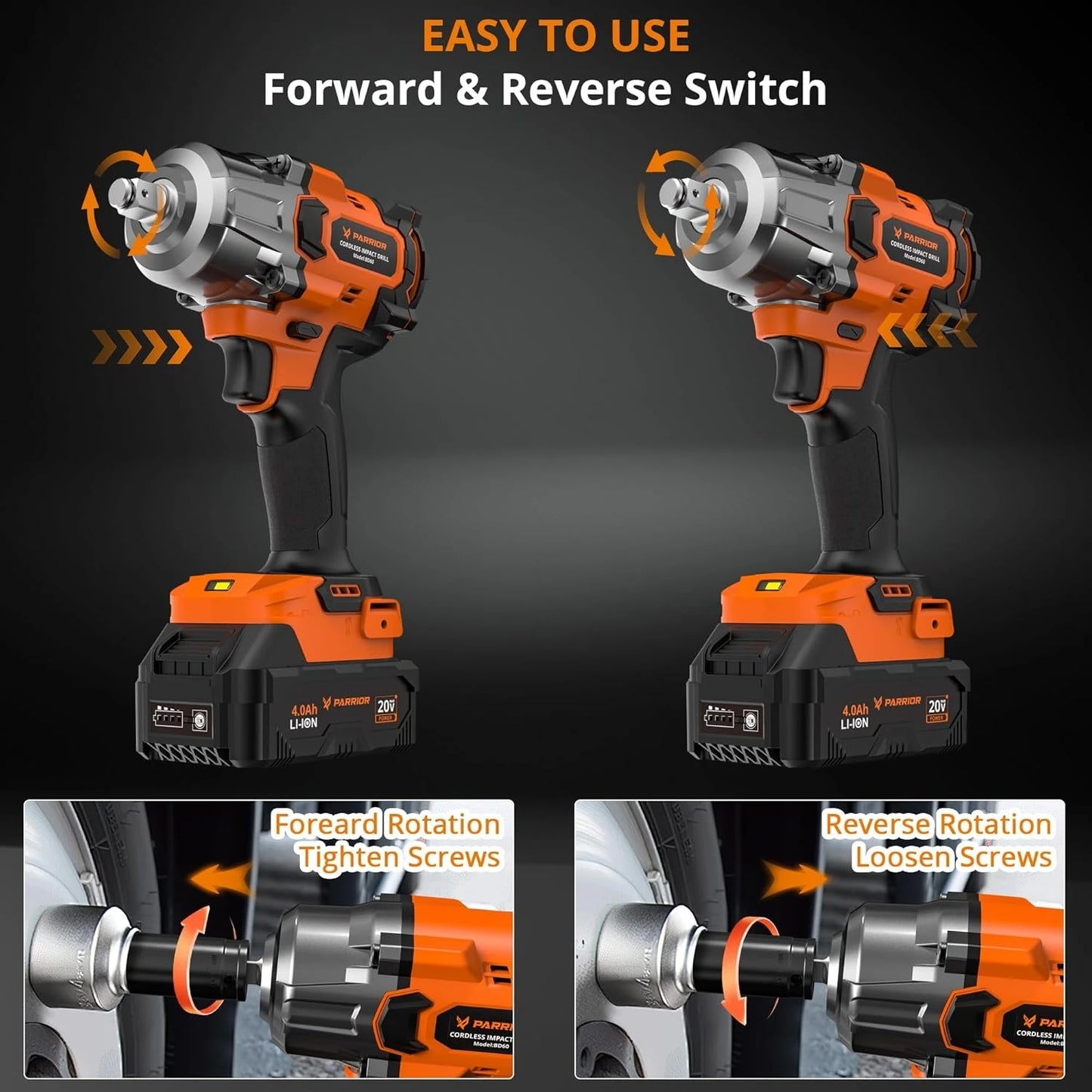 Impact Wrench 3-Speed Torque (380/600/900N.m) 1/2" Chuck + 3/8" Adapter 4Ah Battery & 2.0A Fast Charger (60min Charge) 6 Sockets Included – For Automotive Repair Heavy-Duty Tasks DIY