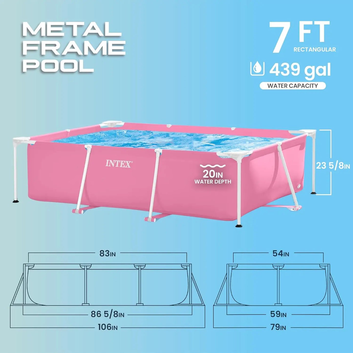 Metal Frame 7 ft x 5 ft x 23.5 in Above Ground Pool Set, Rectangular Swimming Pool with Steel Frame