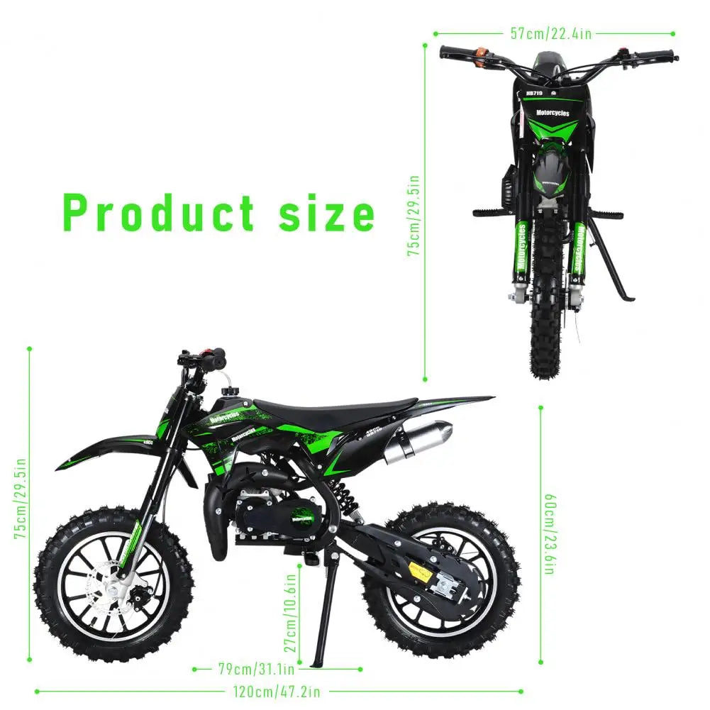 (Maximum load 330lb)Mini 49CC two-stroke gasoline motorcycle, anti-skid tires, front and rear wheel brakes, shock absorbers