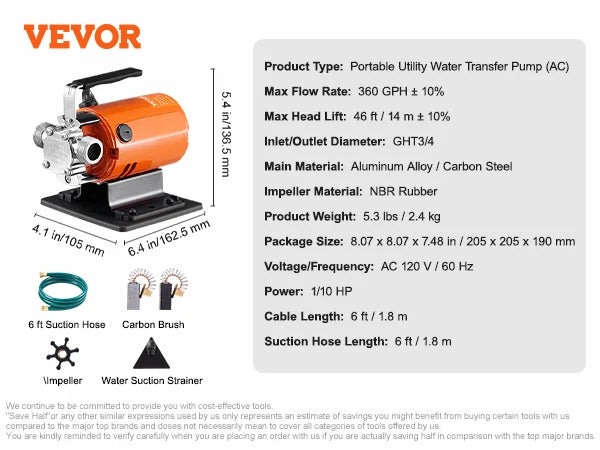 SucceBuy Water Transfer Pump 120V AC 360GPH 1/10 HP Portable Electric Utility Pump for Garden, Rain Barrel, Pool, Pond, Aquarium
