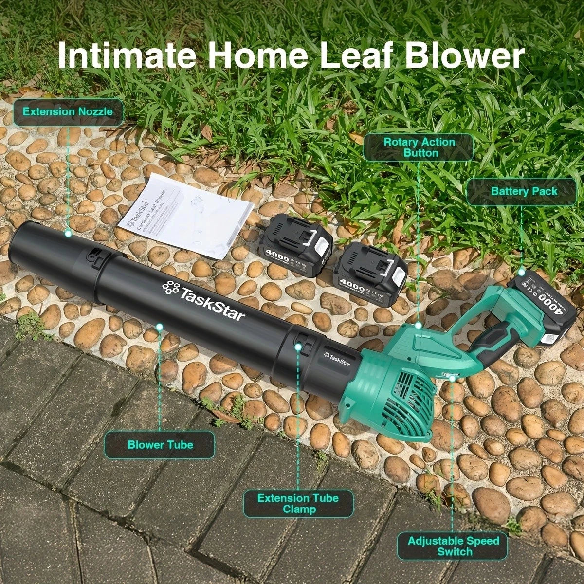 TaskStar Electric Leaf Blower 550CFM Brushed Motor 5-Speed 150MPH Rotating Head Airblower For Lawn Garden 4.0Ah Battery Powered