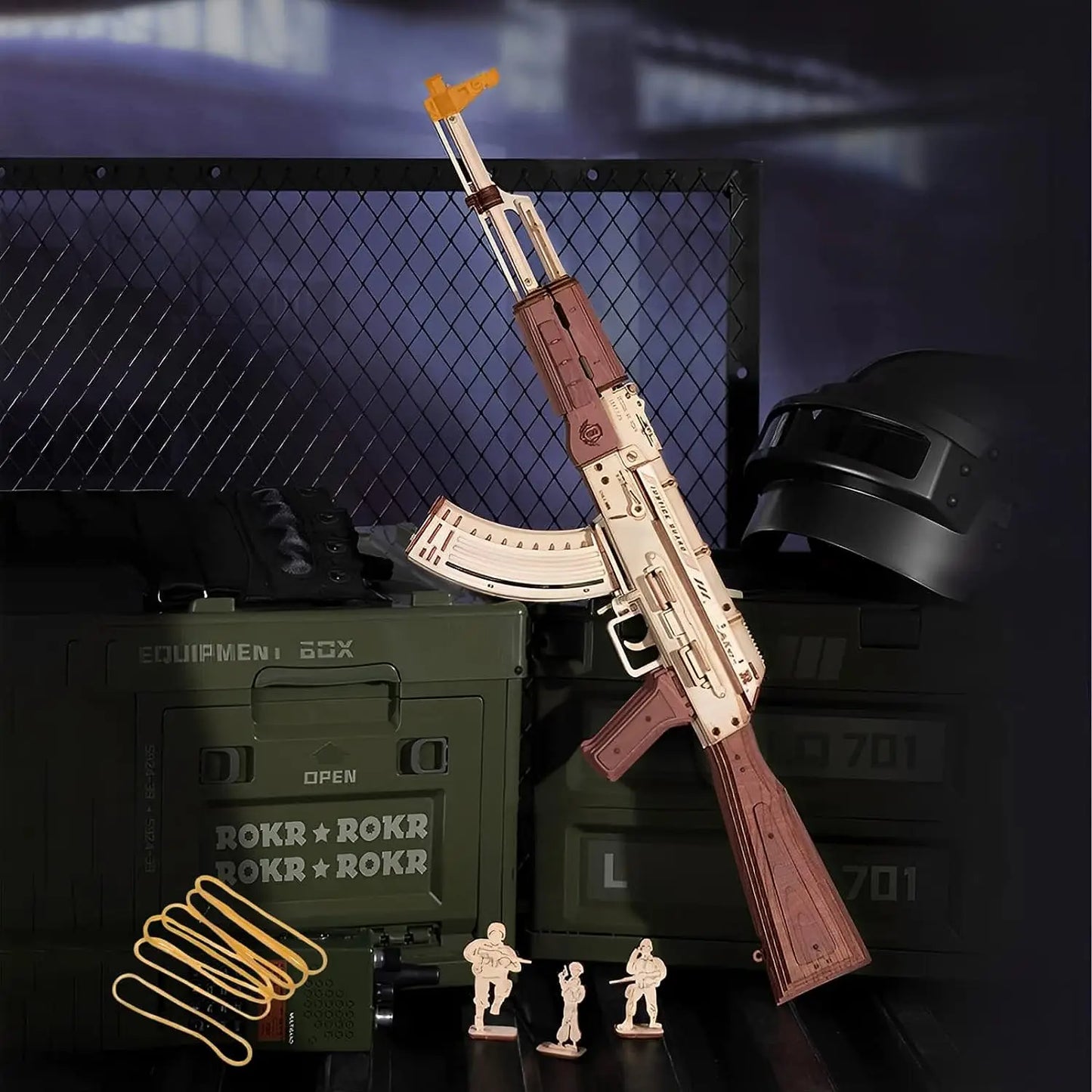 ROKR AK47 wooden rifle model toy, DIY rubber band gun, 3D wooden model assembly kit, single shot/burst mode