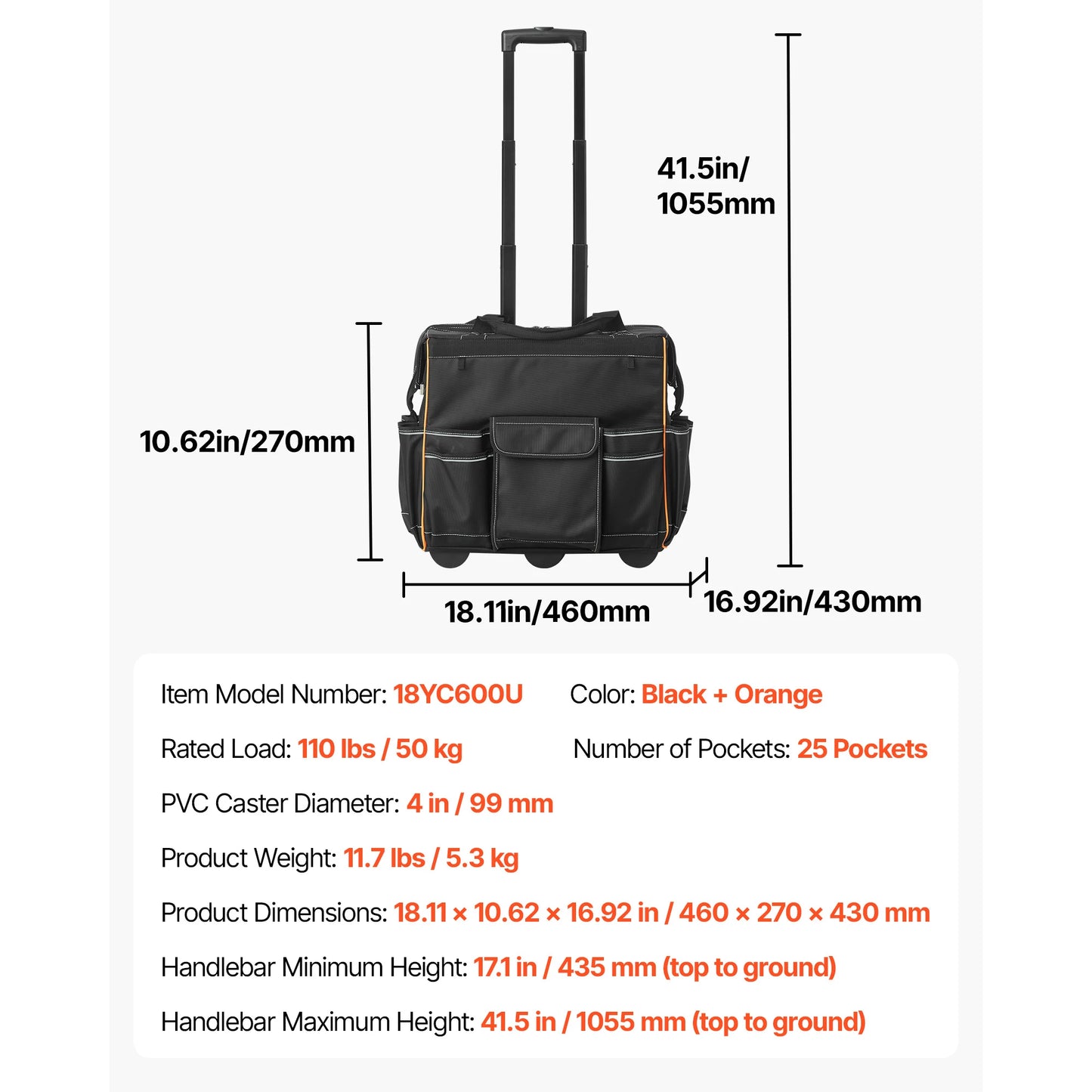 SucceBuy 110Lbs Rolling Tool Bag 25 Pockets Roller Tool Bag on Wheels with Telescoping Handle Toolbag Organizers for Mechanic