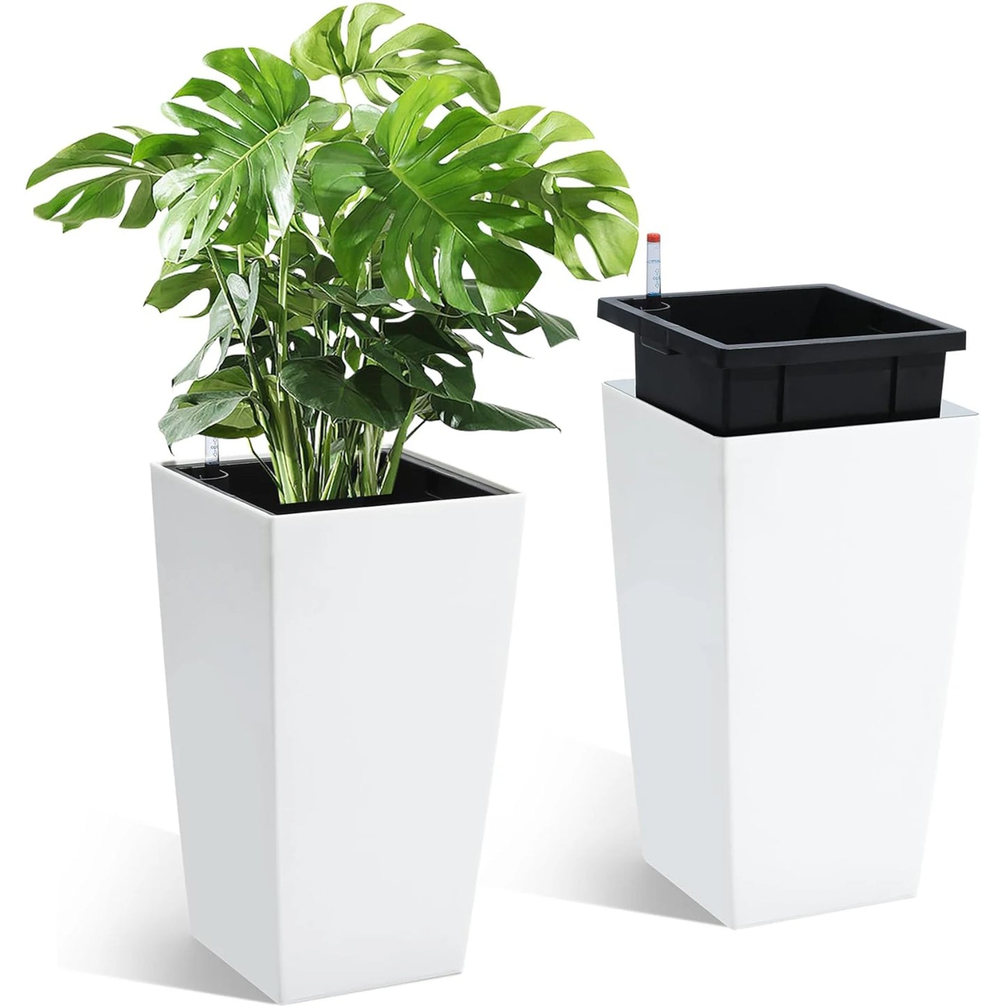 15.7"/22.5" Tall Planters Set Of 2, Self Watering Indoor Outdoor Front Porch Planter Pots With Drainage & Monitor Bucket