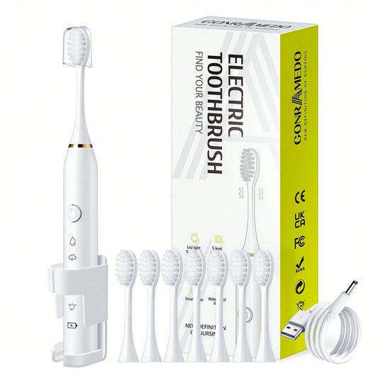 1PC Electric Toothbrush With 8 Replaceable Toothbrush Heads, A Wall-Mounted Bracket And A Dust Cover, USB Charging, 5-Speed Intelligent Cleaning Mode, Toothbrush Body, 7-Level Waterproof, Personal Oral Care Equipment Power To
