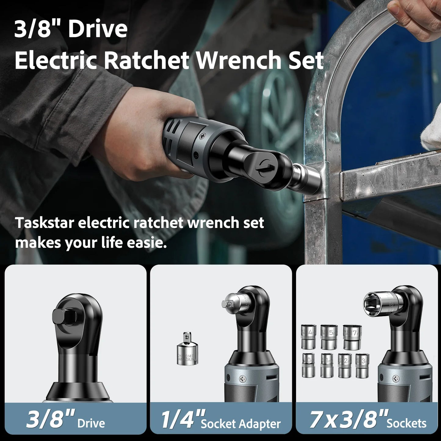 TaskStar 12V 3/8" Electric Ratchet Wrench Set w/ 2.0Ah Battery Rechargeable Angle Wrench 40Nm Disassembly Nut Car Repair Tool