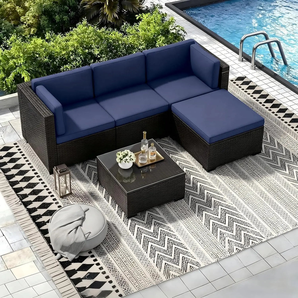 Outdoor All Weather Rattan 5 Piece Patio Sectional Sofa Set