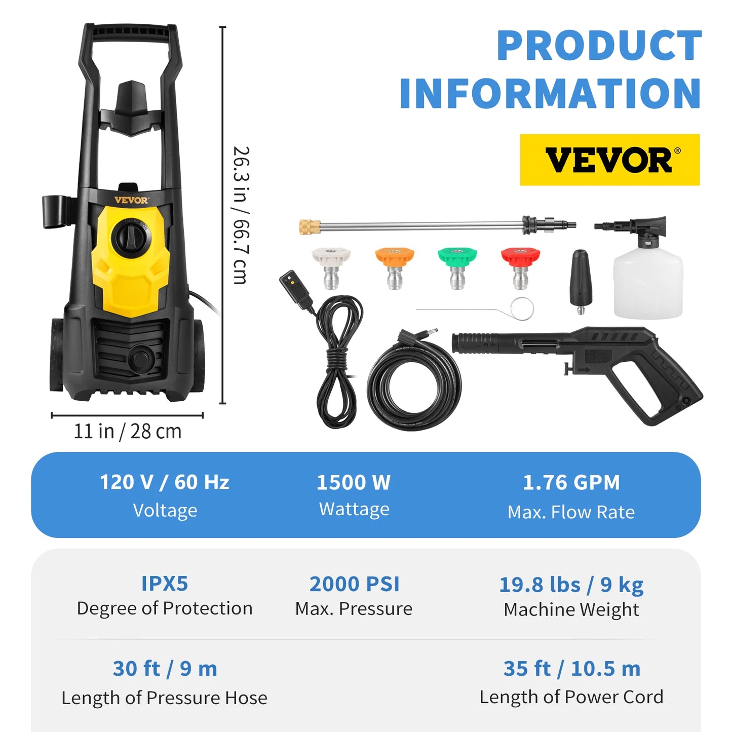 VEVOR 1500W High Pressure Car Washer 2000 PSI Portable