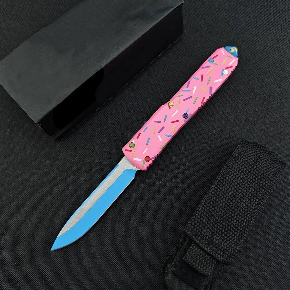 Outdoor Tactical Folding Knife 3.46 Inch D2 Blade T6 Aluminum Pink Donut Handle Deep Pocket Clip EDC Camping Hiking Hunting Tool