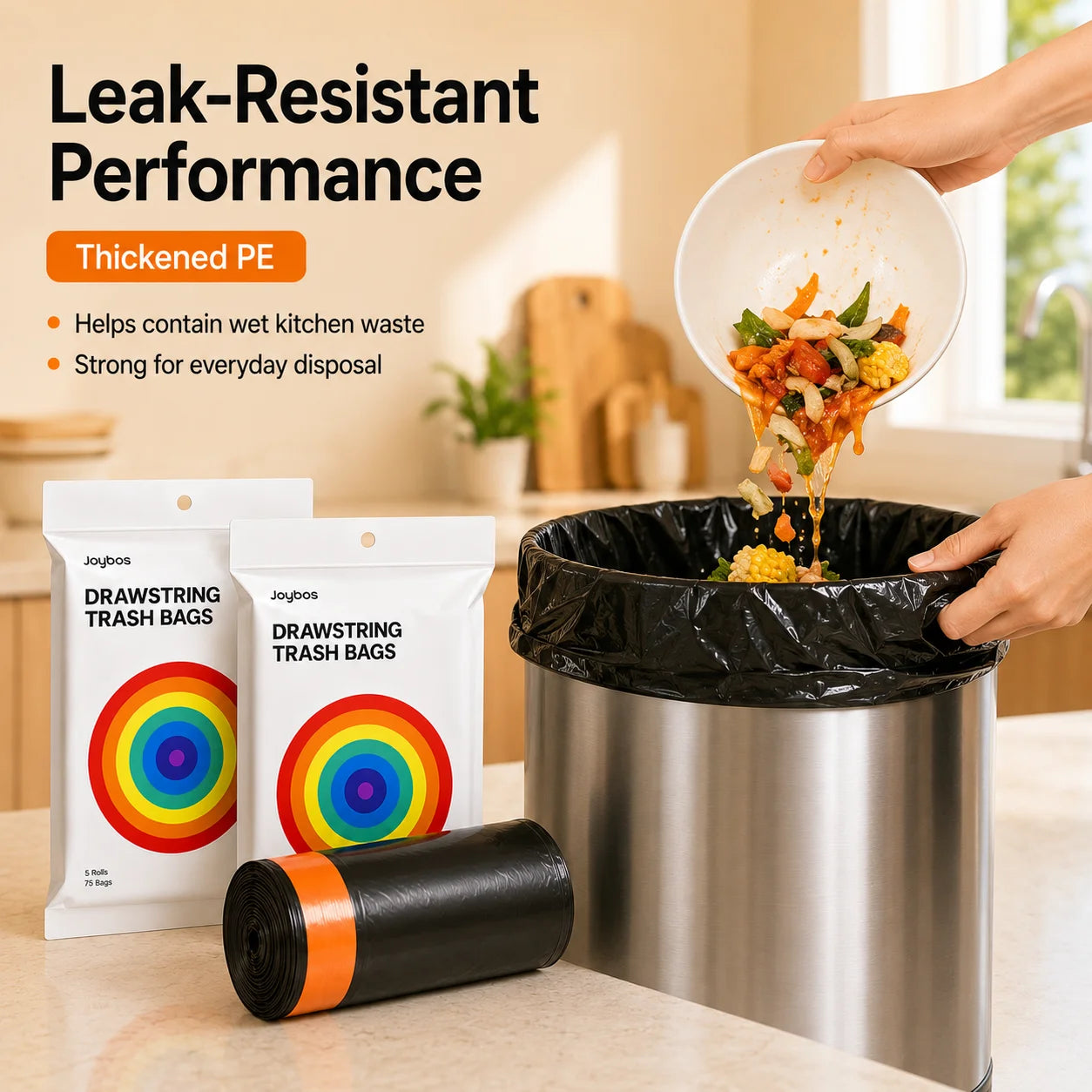 Joybos Easy Pull Drawstring Trash Bags, Thickened PE Kitchen & Bathroom Garbage Bags, 2 Packs 150 Count