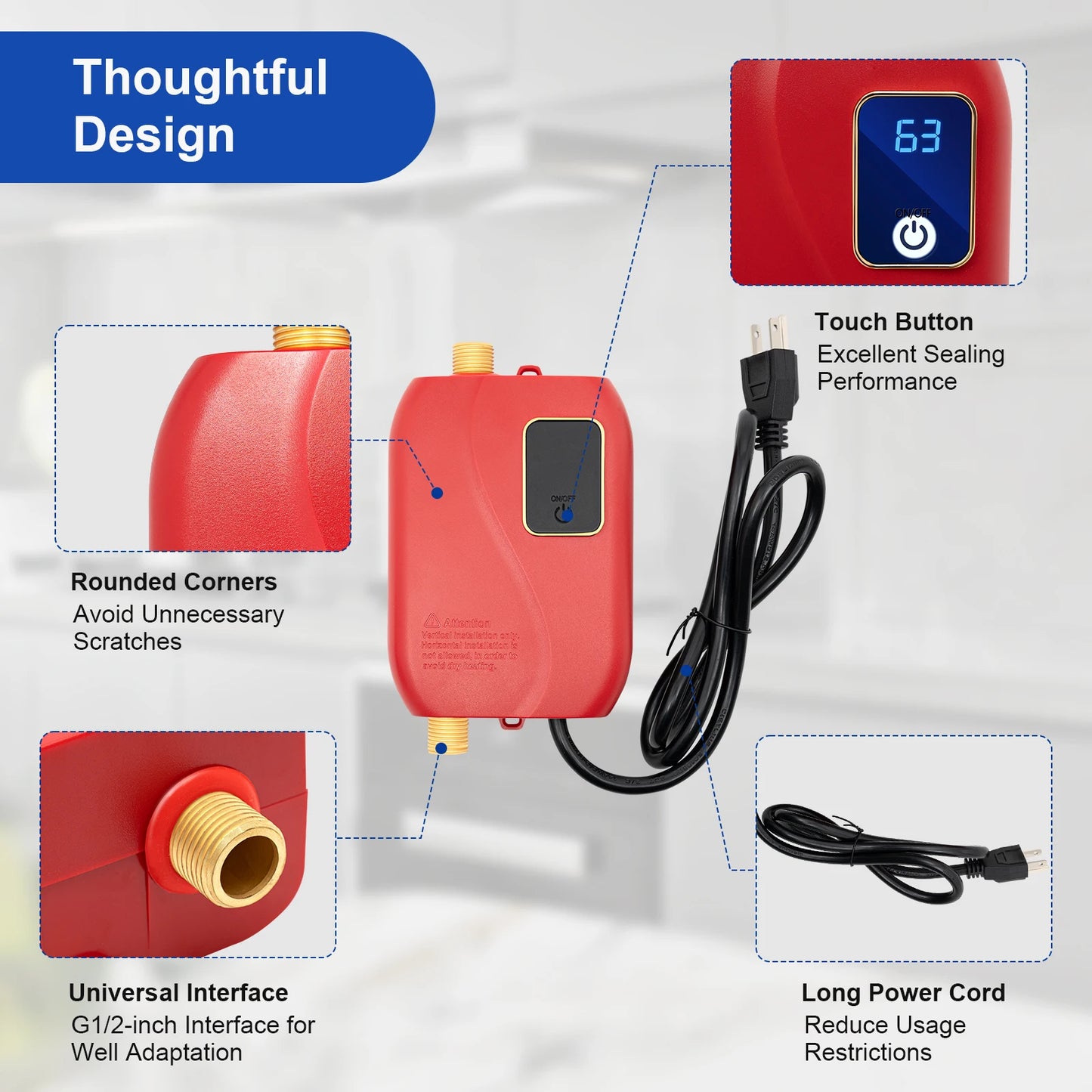 3000W Instant Water Heater 68-122℉ Kitchen Mini Electric Water Heater with Digital Display Red Tankless Water Heater
