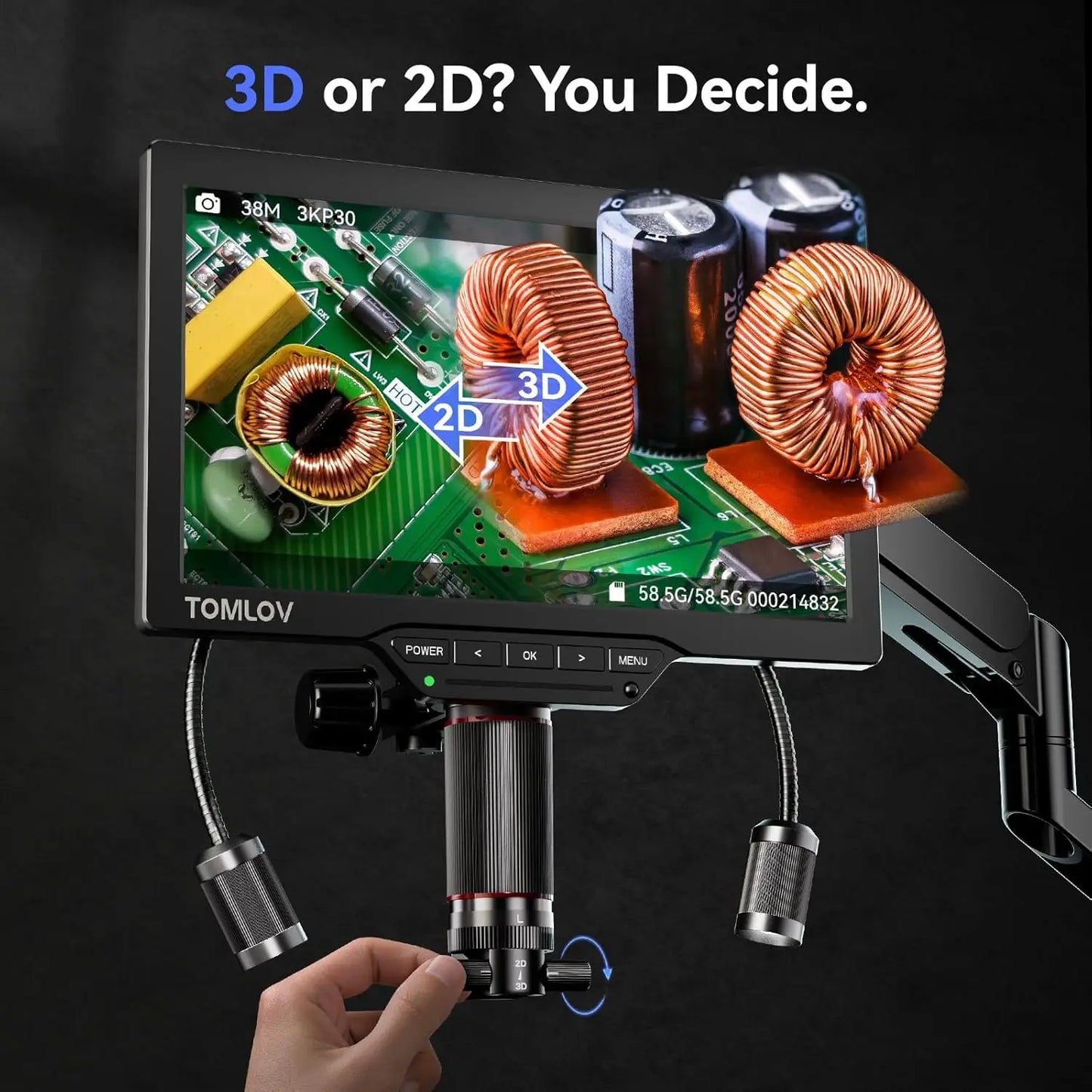 TOMLOV 3D Digital Microscope 10" For Electronic Soldering 2000X Magnetic Dual Lens 3K Video Coin Microscopio Flex Arm Repair Mat